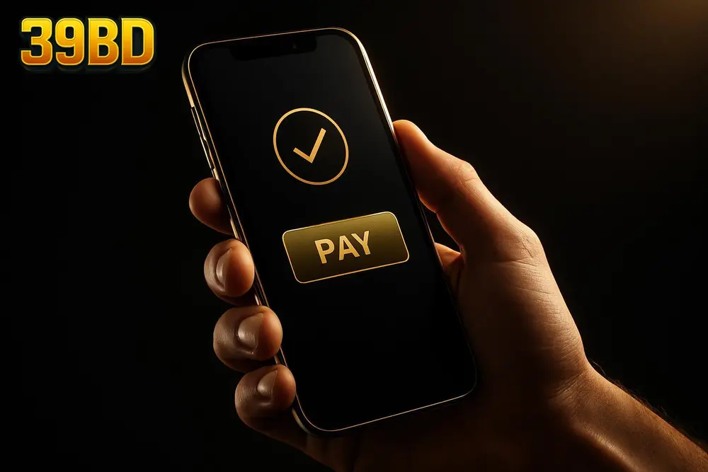 39BD bKash deposit โ a hand holding a phone showing a mobile payment confirmation screen 39BD bKash deposit โ a hand holding a phone showing a mobile payment confirmation screen