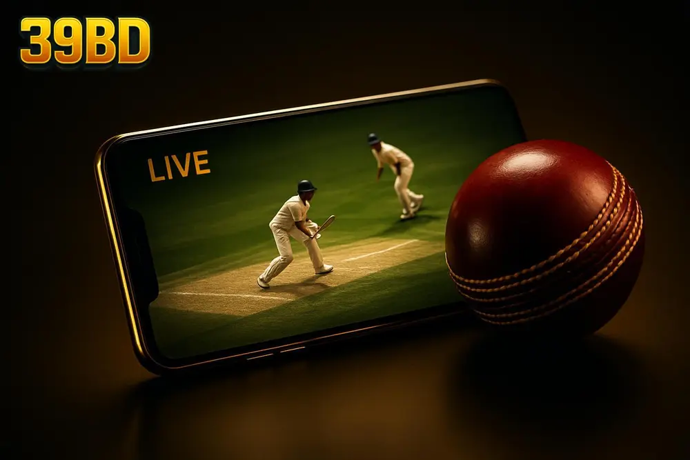 39BD cricket betting โ a smartphone showing a live cricket match score beside a cricket ball 39BD cricket betting โ a smartphone showing a live cricket match score beside a cricket ball