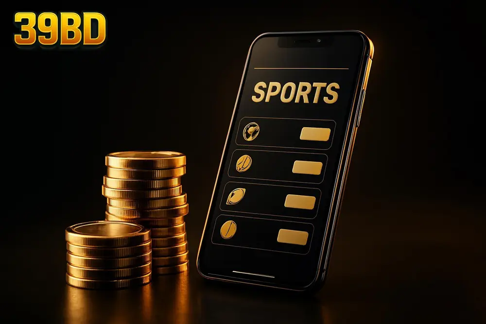 39BD Bangladesh betting site โ a stack of golden coins beside a mobile phone showing a betting app 39BD Bangladesh betting site โ a stack of golden coins beside a mobile phone showing a betting app