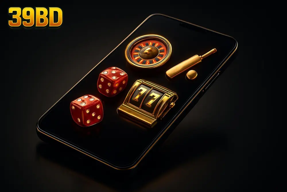 39BD Bangladesh betting site โ a smartphone glowing with colorful casino and cricket icons on screen 39BD Bangladesh betting site โ a smartphone glowing with colorful casino and cricket icons on screen